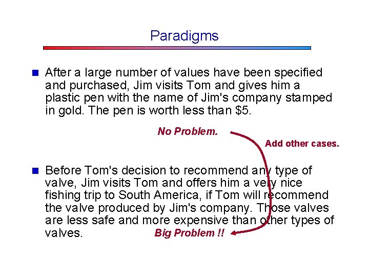 Paradigms n After a large number of values have been specified and purchased, Jim