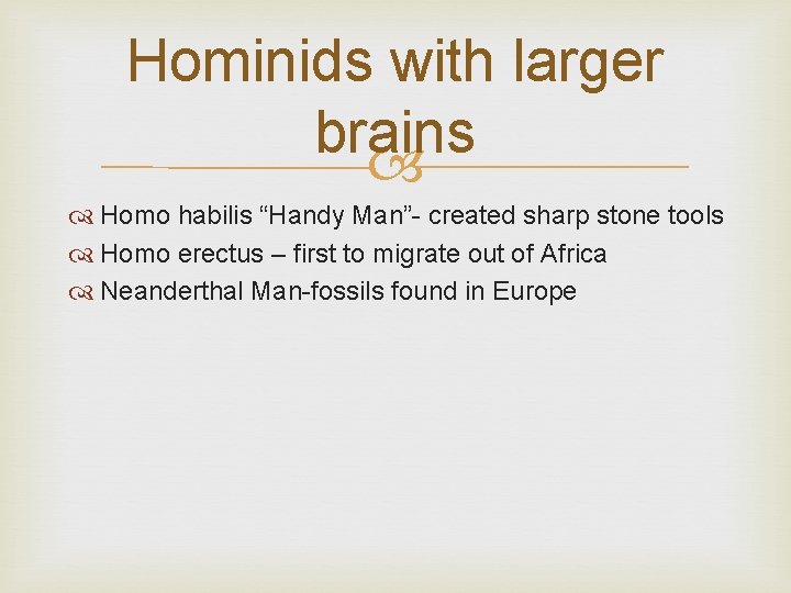 Hominids with larger brains Homo habilis “Handy Man”- created sharp stone tools Homo erectus