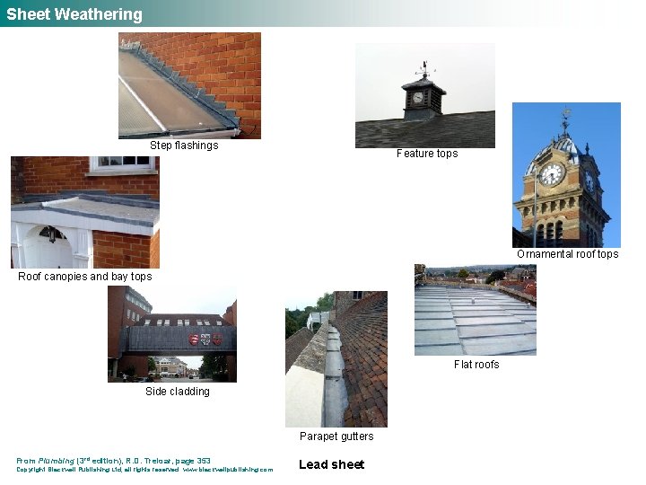 Sheet Weathering Step flashings Feature tops Ornamental roof tops Roof canopies and bay tops