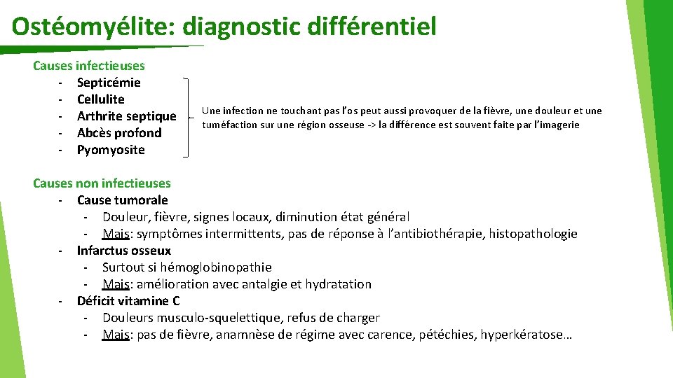 Ostéomyélite: diagnostic différentiel Causes infectieuses - Septicémie - Cellulite - Arthrite septique - Abcès