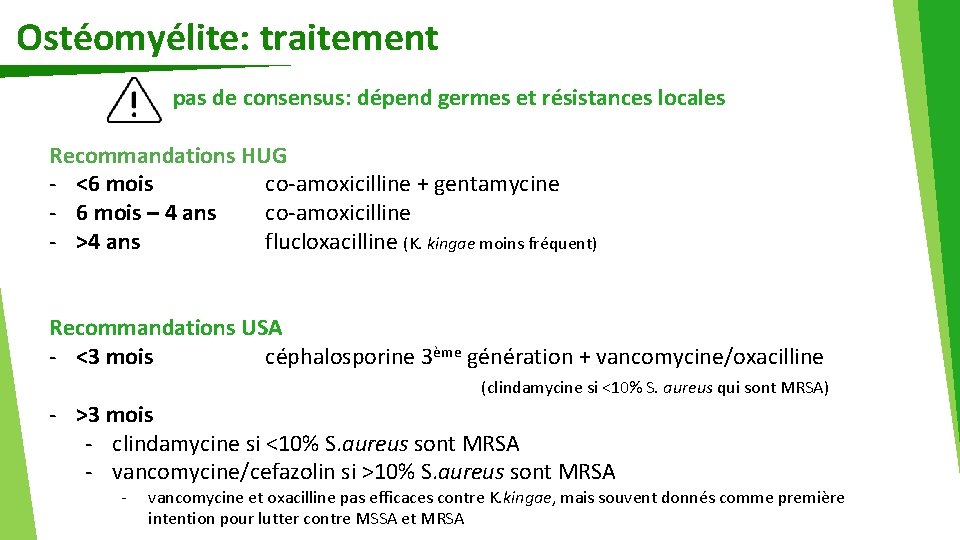 Ostéomyélite: traitement pas de consensus: dépend germes et résistances locales Recommandations HUG - <6