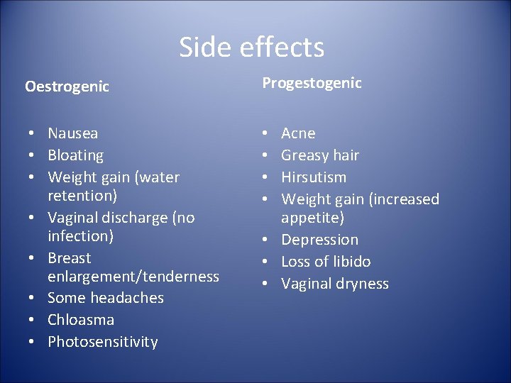 Side effects Oestrogenic Progestogenic • Nausea • Bloating • Weight gain (water retention) •