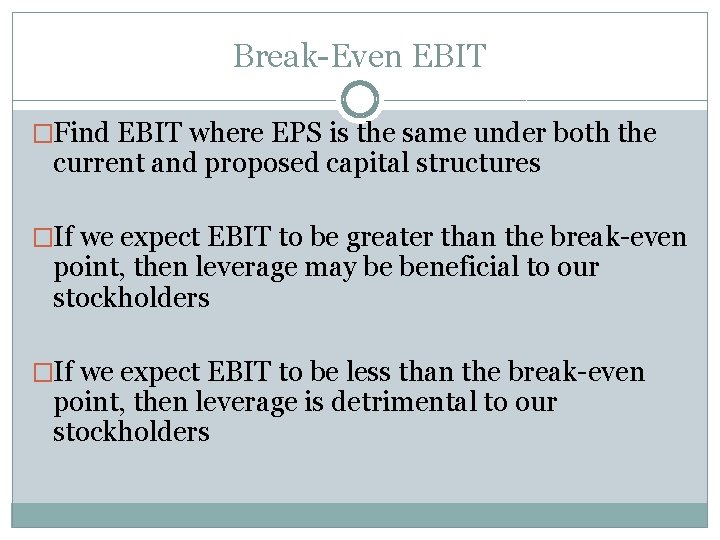 Break-Even EBIT �Find EBIT where EPS is the same under both the current and
