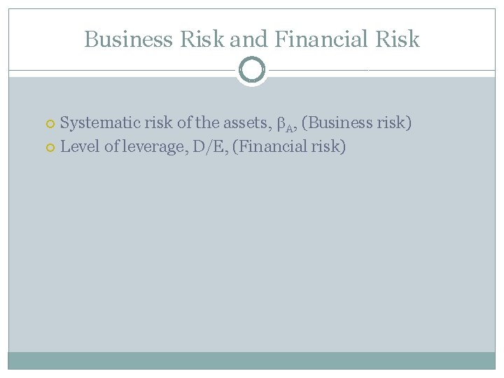 Business Risk and Financial Risk Systematic risk of the assets, A, (Business risk) Level
