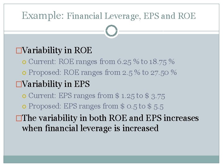 Example: Financial Leverage, EPS and ROE �Variability in ROE Current: ROE ranges from 6.