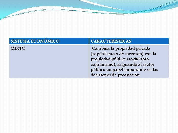 SISTEMA ECONÓMICO CARACTERÍSTICAS MIXTO Combina la propiedad privada (capitalismo o de mercado) con la