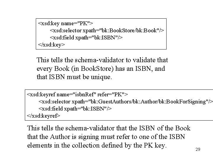 <xsd: key name="PK"> <xsd: selector xpath="bk: Book. Store/bk: Book"/> <xsd: field xpath="bk: ISBN"/> </xsd: