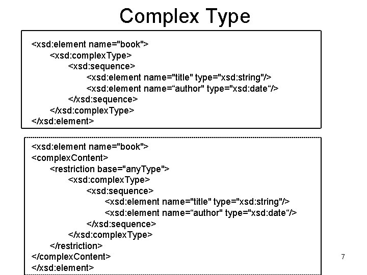 Complex Type <xsd: element name="book"> <xsd: complex. Type> <xsd: sequence> <xsd: element name="title" type="xsd:
