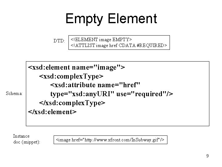 Empty Element DTD: Schema: <!ELEMENT image EMPTY> <!ATTLIST image href CDATA #REQUIRED> <xsd: element
