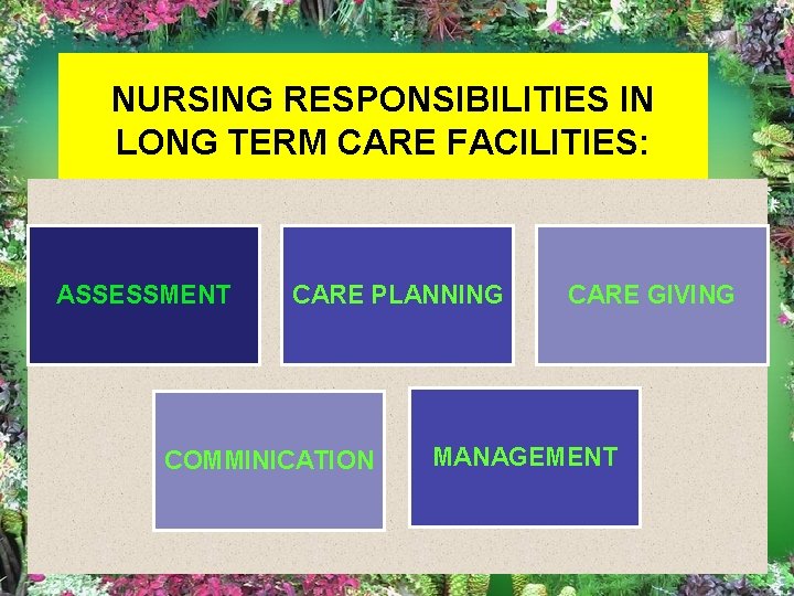 NURSING RESPONSIBILITIES IN LONG TERM CARE FACILITIES: ASSESSMENT CARE PLANNING COMMINICATION CARE GIVING MANAGEMENT