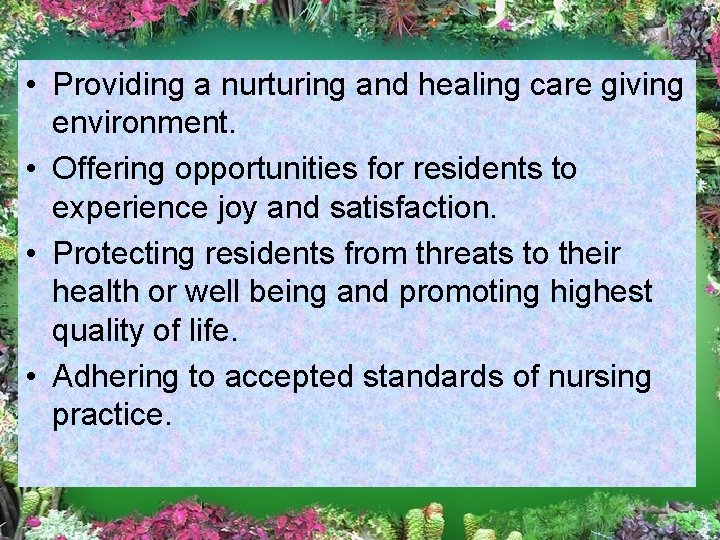  • Providing a nurturing and healing care giving environment. • Offering opportunities for