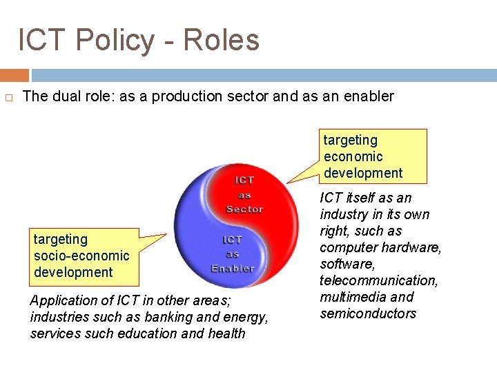 ICT Policy - Roles The dual role: as a production sector and as an