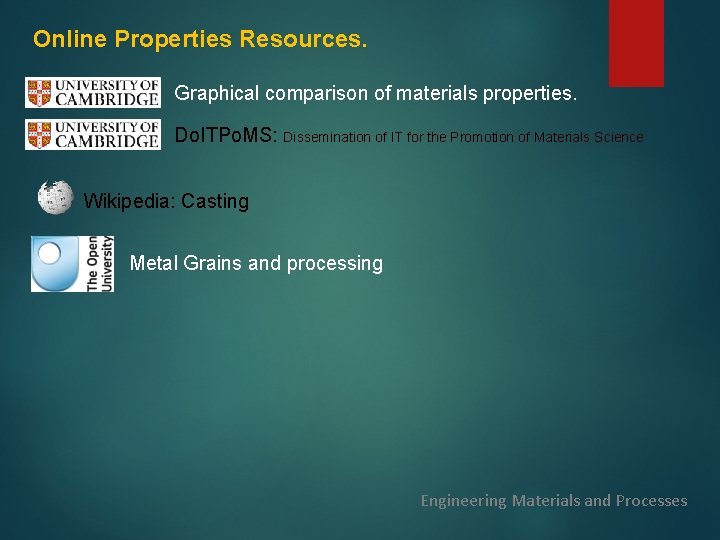 Online Properties Resources. Graphical comparison of materials properties. Do. ITPo. MS: Dissemination of IT