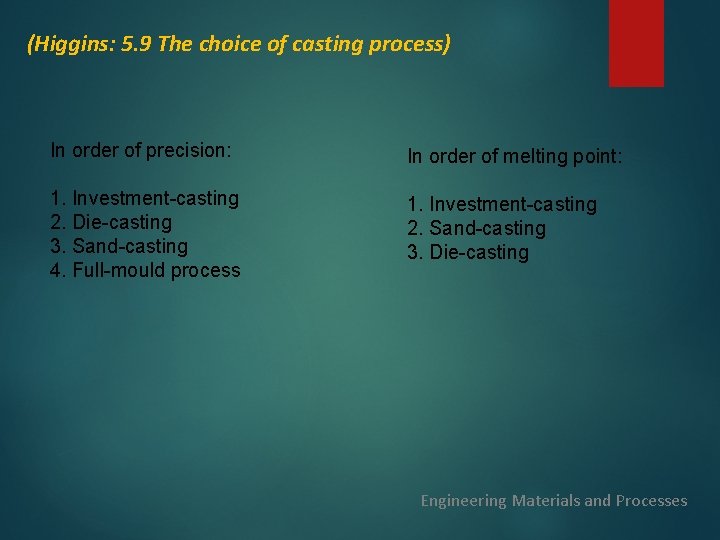 (Higgins: 5. 9 The choice of casting process) In order of precision: In order