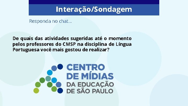 Interação/Sondagem Responda no chat. . . De quais das atividades sugeridas até o momento