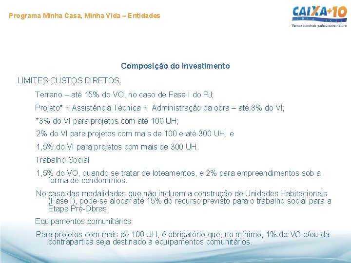 Programa Minha Casa, Minha Vida – Entidades Composição do Investimento LIMITES CUSTOS DIRETOS Terreno