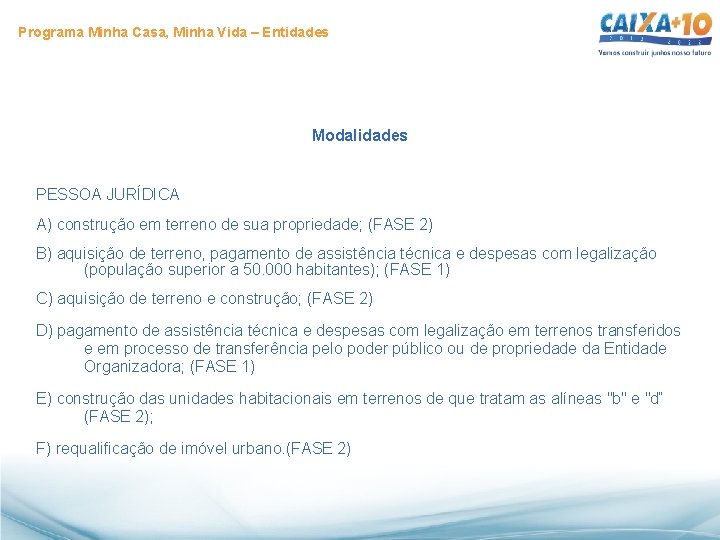 Programa Minha Casa, Minha Vida – Entidades Modalidades PESSOA JURÍDICA A) construção em terreno