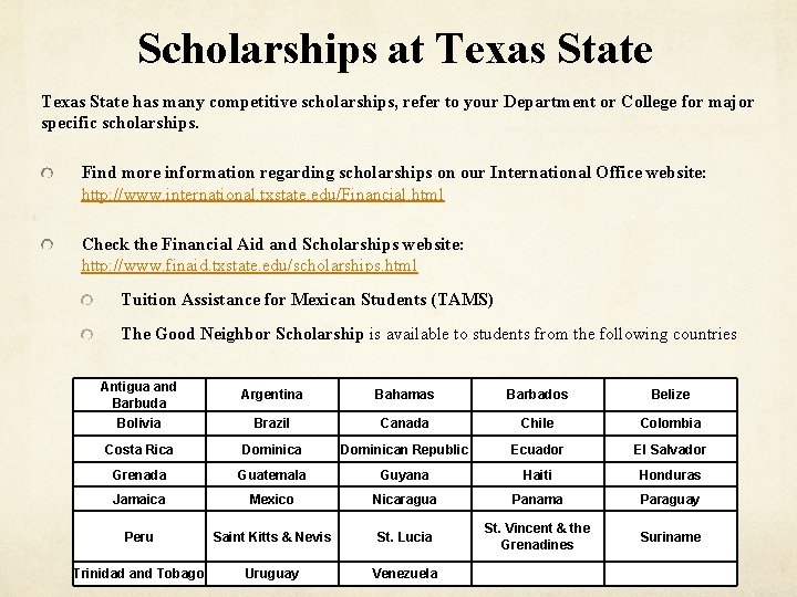 Scholarships at Texas State has many competitive scholarships, refer to your Department or College
