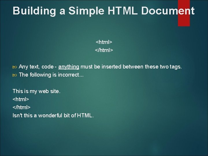 Building a Simple HTML Document <html> </html> Any text, code - anything must be