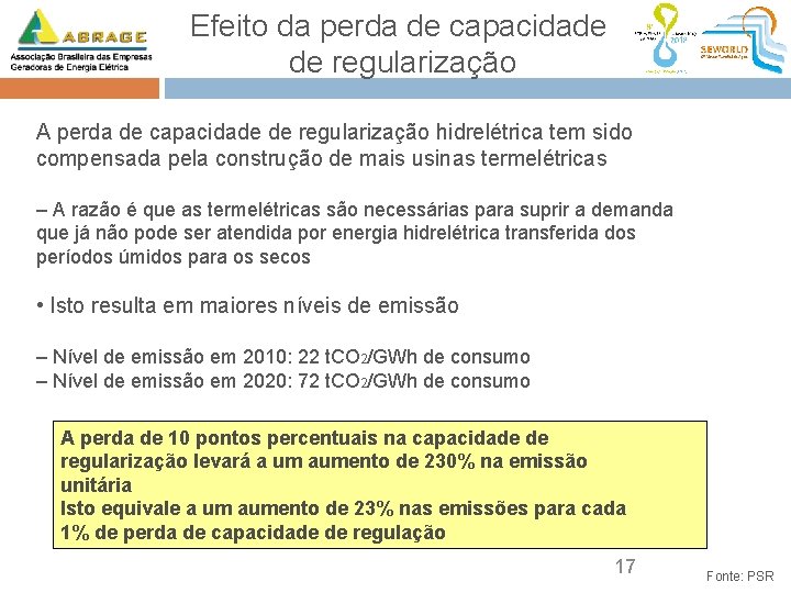 Efeito da perda de capacidade de regularização A perda de capacidade de regularização hidrelétrica