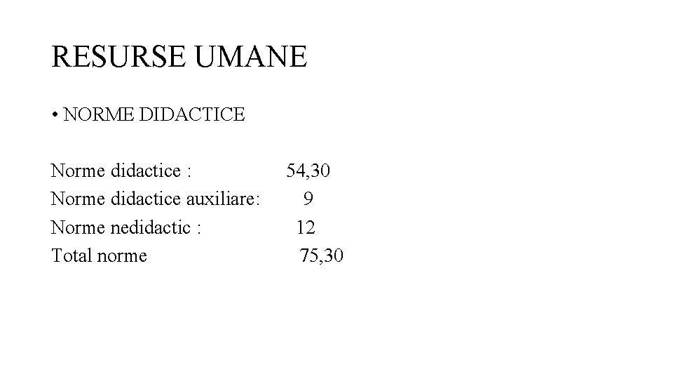 RESURSE UMANE • NORME DIDACTICE Norme didactice : 54, 30 Norme didactice auxiliare: 9