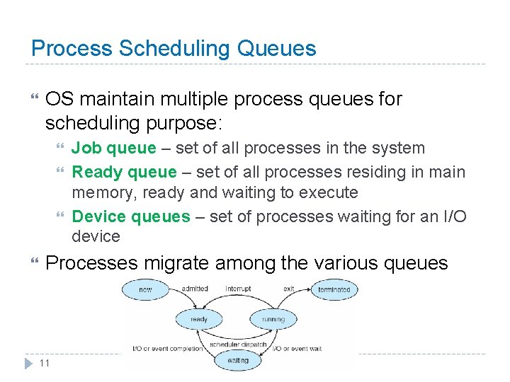 Process Scheduling Queues OS maintain multiple process queues for scheduling purpose: Job queue –