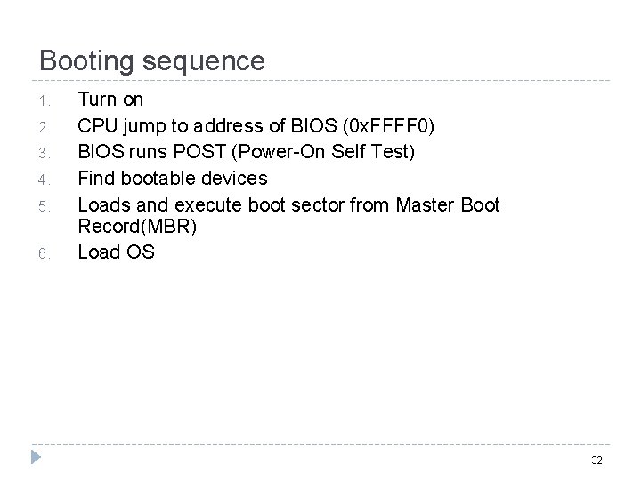 Booting sequence 1. 2. 3. 4. 5. 6. Turn on CPU jump to address