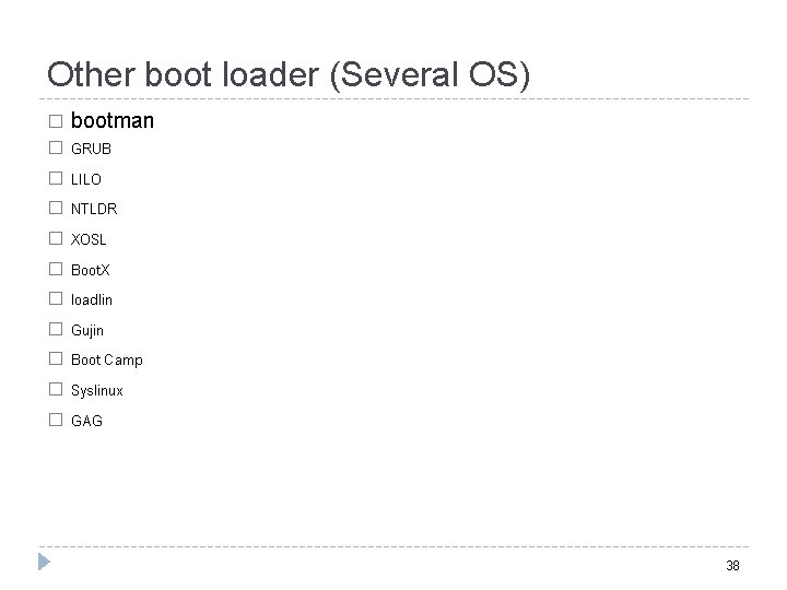 Other boot loader (Several OS) bootman � GRUB � LILO � NTLDR � XOSL