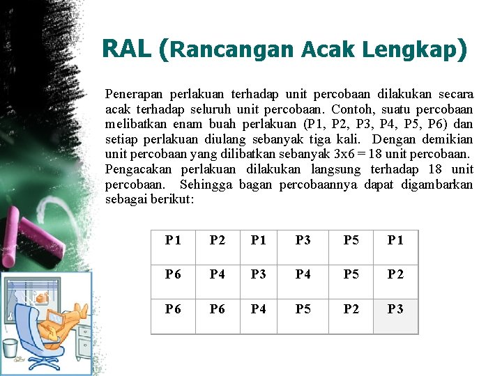 RAL (Rancangan Acak Lengkap) Penerapan perlakuan terhadap unit percobaan dilakukan secara acak terhadap seluruh