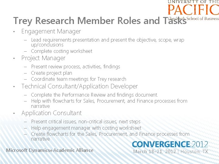 Trey Research Member Roles and Tasks • Engagement Manager – Lead requirements presentation and
