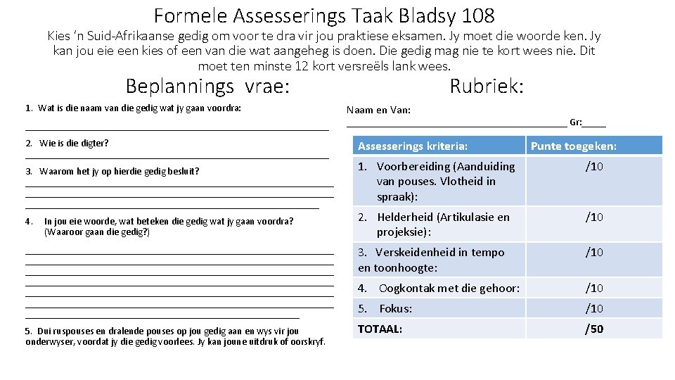 Formele Assesserings Taak Bladsy 108 Kies ‘n Suid-Afrikaanse gedig om voor te dra vir