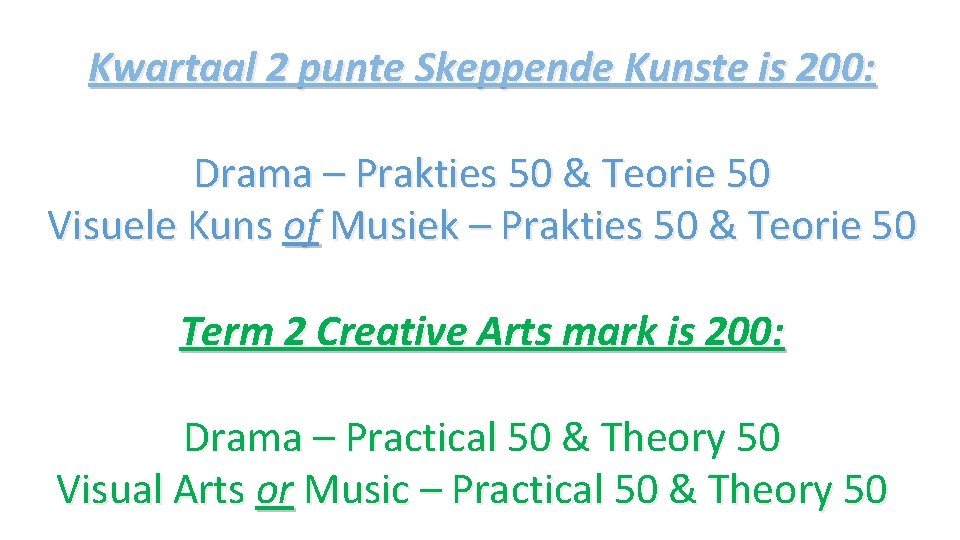 Kwartaal 2 punte Skeppende Kunste is 200: Drama – Prakties 50 & Teorie 50