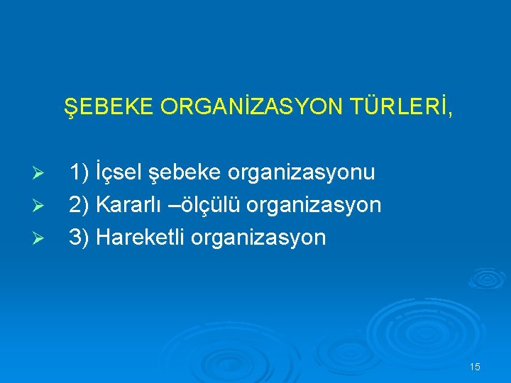 ŞEBEKE ORGANİZASYON TÜRLERİ, 1) İçsel şebeke organizasyonu Ø 2) Kararlı –ölçülü organizasyon Ø 3)