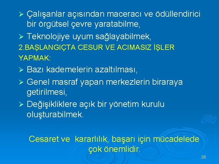 Çalışanlar açısından maceracı ve ödüllendirici bir örgütsel çevre yaratabilme, Ø Teknolojiye uyum sağlayabilmek, Ø