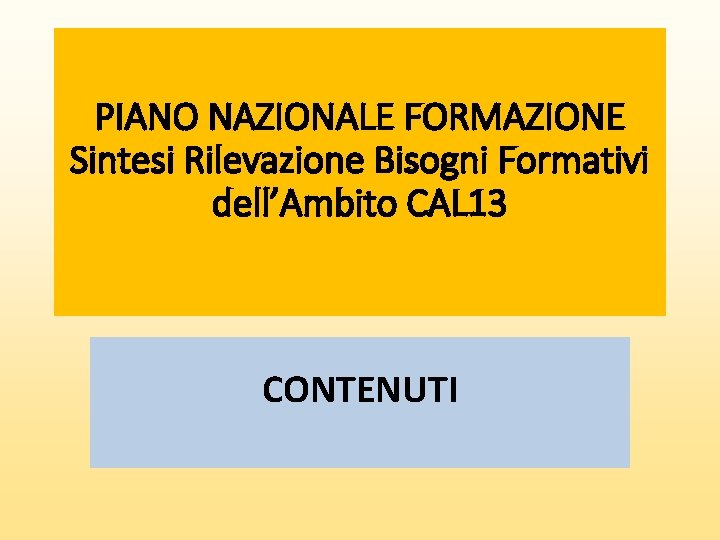 PIANO NAZIONALE FORMAZIONE Sintesi Rilevazione Bisogni Formativi dell’Ambito CAL 13 CONTENUTI 