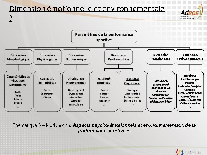 Dimension émotionnelle et environnementale ? Dimension Emotionnelle Dimension Environnementale Motivation Estime de soi Confiance