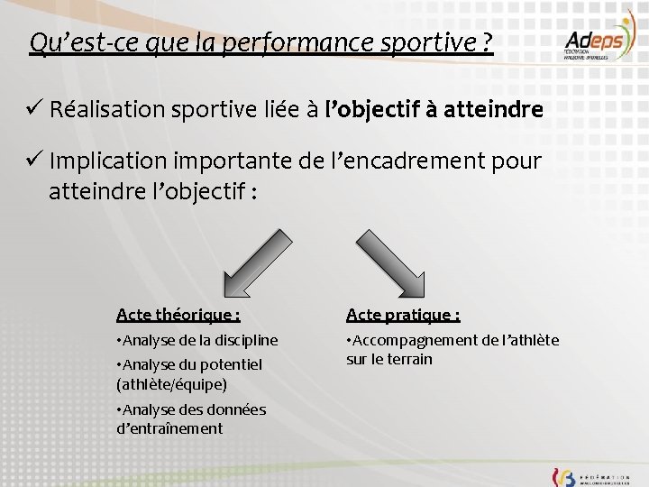 Qu’est-ce que la performance sportive ? ü Réalisation sportive liée à l’objectif à atteindre