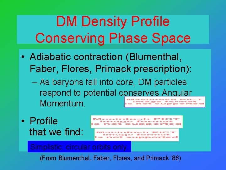 DM Density Profile Conserving Phase Space • Adiabatic contraction (Blumenthal, Faber, Flores, Primack prescription):