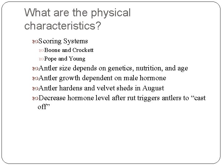 What are the physical characteristics? Scoring Systems Boone and Crockett Pope and Young Antler