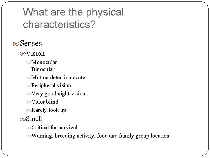 What are the physical characteristics? Senses Vision Monocular Binocular Motion detection acute Peripheral vision