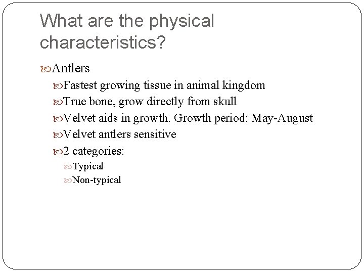 What are the physical characteristics? Antlers Fastest growing tissue in animal kingdom True bone,