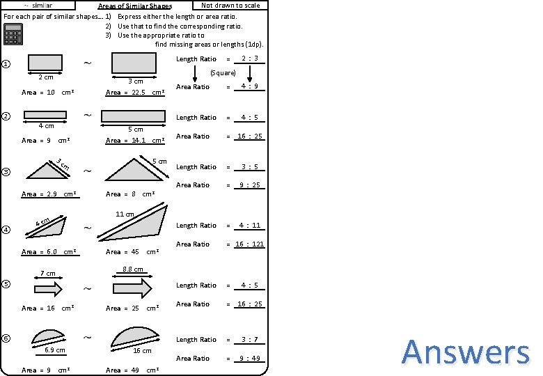 Not drawn to scale Areas of Similar Shapes For each pair of similar shapes…