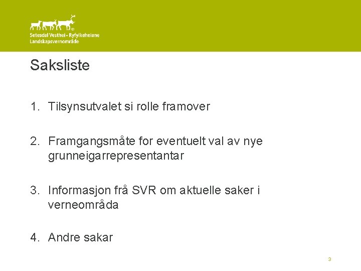 Saksliste 1. Tilsynsutvalet si rolle framover 2. Framgangsmåte for eventuelt val av nye grunneigarrepresentantar