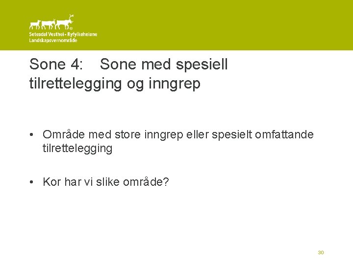 Sone 4: Sone med spesiell tilrettelegging og inngrep • Område med store inngrep eller