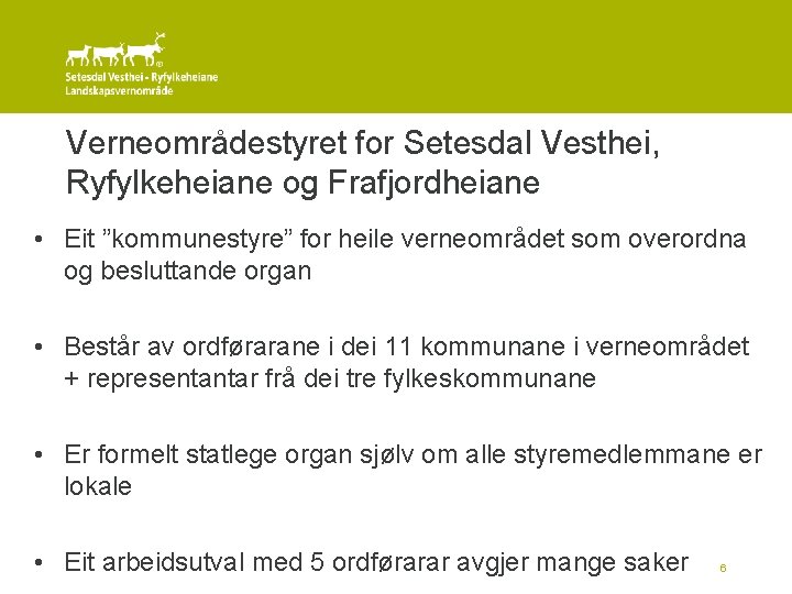 Verneområdestyret for Setesdal Vesthei, Ryfylkeheiane og Frafjordheiane • Eit ”kommunestyre” for heile verneområdet som