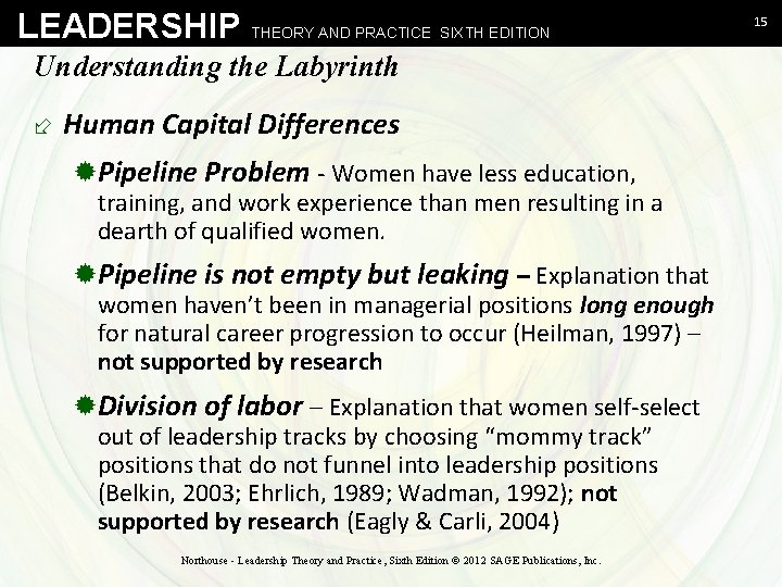 LEADERSHIP THEORY AND PRACTICE SIXTH EDITION Understanding the Labyrinth ÷ Human Capital Differences ®Pipeline