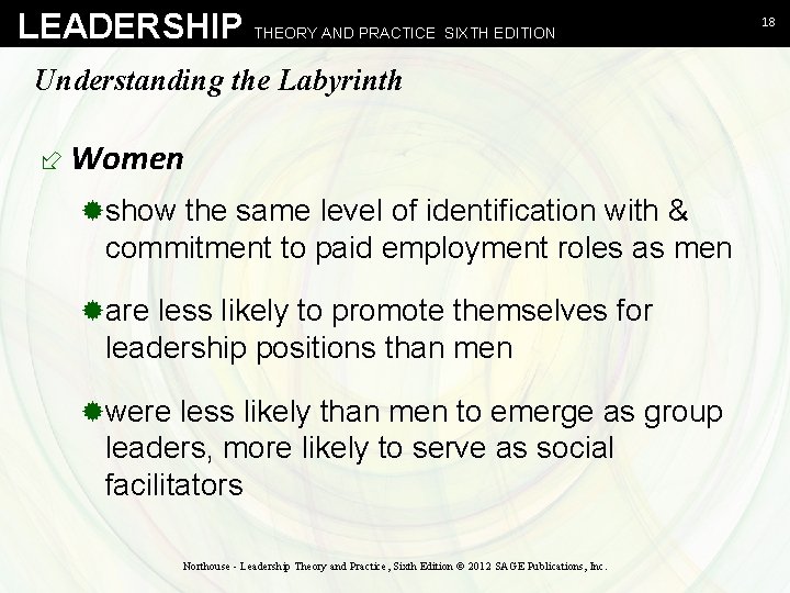 LEADERSHIP THEORY AND PRACTICE SIXTH EDITION Understanding the Labyrinth ÷ Women ®show the same