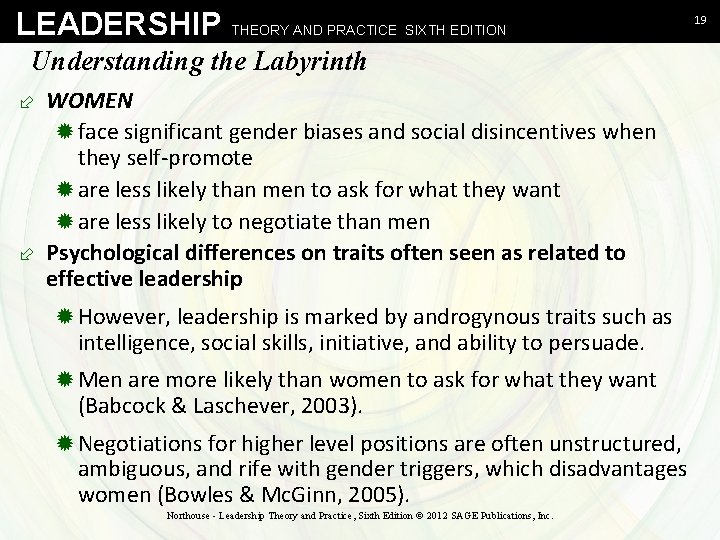 LEADERSHIP THEORY AND PRACTICE SIXTH EDITION Understanding the Labyrinth ÷ WOMEN ® face significant