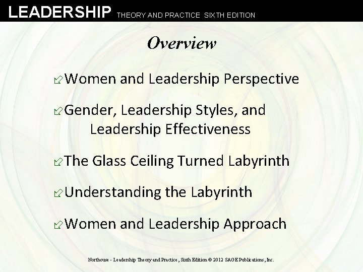 LEADERSHIP THEORY AND PRACTICE SIXTH EDITION Overview ÷Women and Leadership Perspective ÷Gender, Leadership Styles,