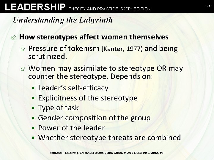 LEADERSHIP THEORY AND PRACTICE SIXTH EDITION Understanding the Labyrinth ÷ How stereotypes affect women